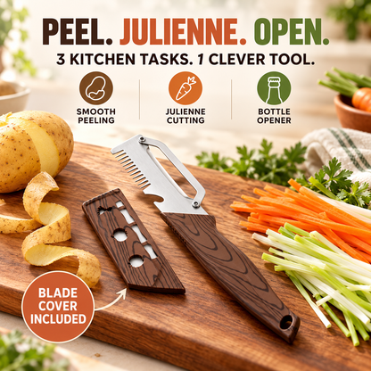 3-in-1 Fruit & Veggie Peeler with Bottle Opener Sharp Stainless Steel Ergonomic Non-Slip Grip for Effortless Peeling