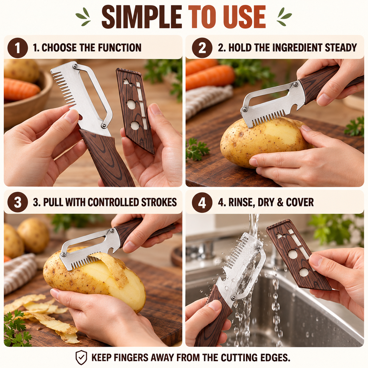 3-in-1 Fruit & Veggie Peeler with Bottle Opener Sharp Stainless Steel Ergonomic Non-Slip Grip for Effortless Peeling