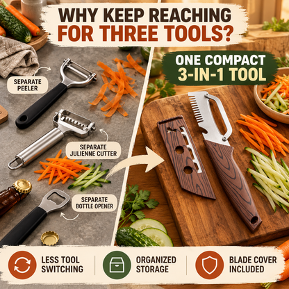3-in-1 Fruit & Veggie Peeler with Bottle Opener Sharp Stainless Steel Ergonomic Non-Slip Grip for Effortless Peeling