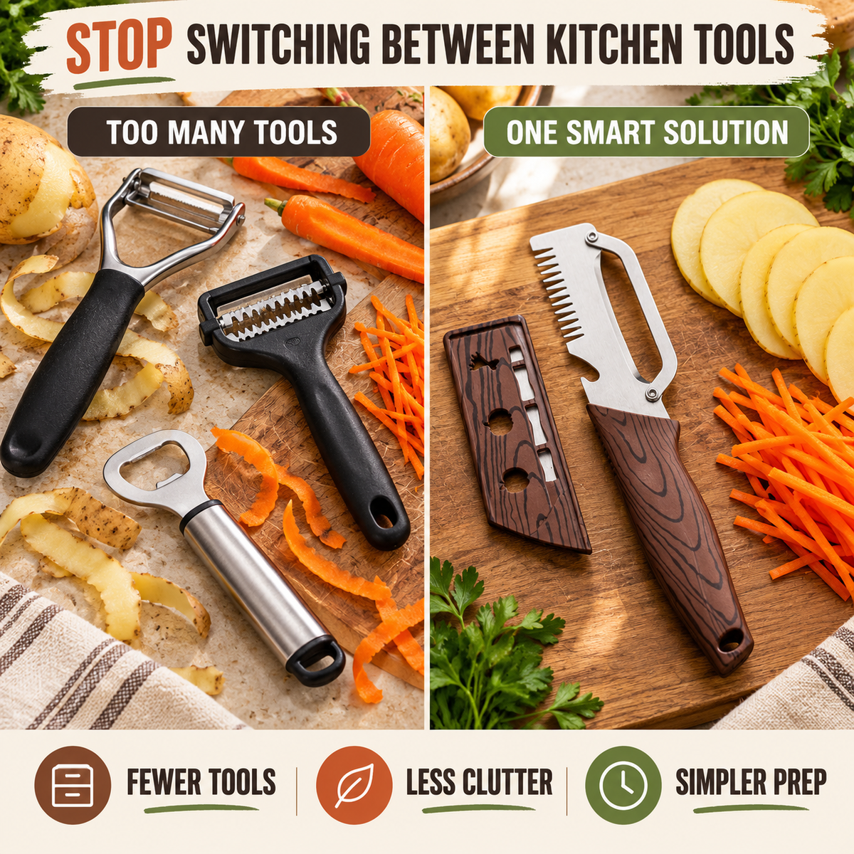 3-in-1 Fruit & Veggie Peeler with Bottle Opener Sharp Stainless Steel Ergonomic Non-Slip Grip for Effortless Peeling