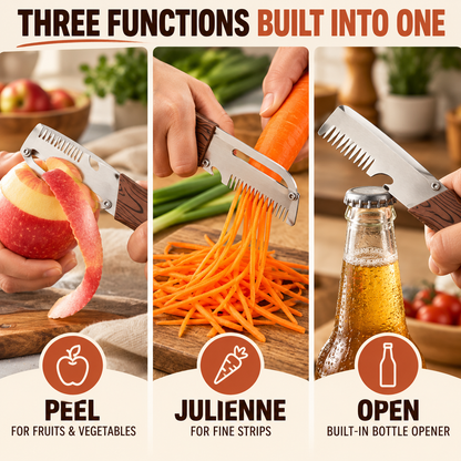 3-in-1 Fruit & Veggie Peeler with Bottle Opener Sharp Stainless Steel Ergonomic Non-Slip Grip for Effortless Peeling